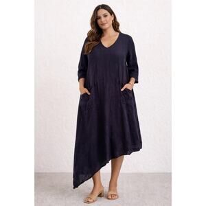 Match Point Grey 100% Linen Midi Dress Pockets Lagenlook Minimalist Womens Small